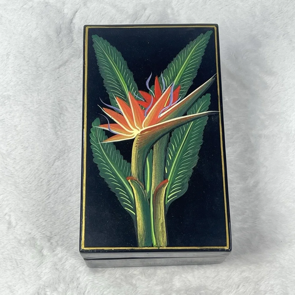Vintage Black Lacquer Bird of Paradise Trinket Box Jewelry Keepsake Box 6